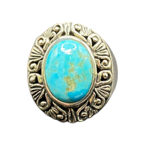 Ring Filigree Turquoise Gemstone Oval Cabochon NK 925 Sterling Silver Size 7.75 - Picture 1 of 15